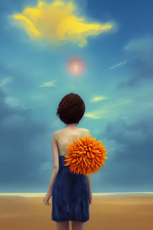 Image similar to closeup huge dahlia flower head, girl standing on beach, surreal photography, blue sky, sunrise, dramatic light, impressionist painting, digital painting, artstation, simon stalenhag