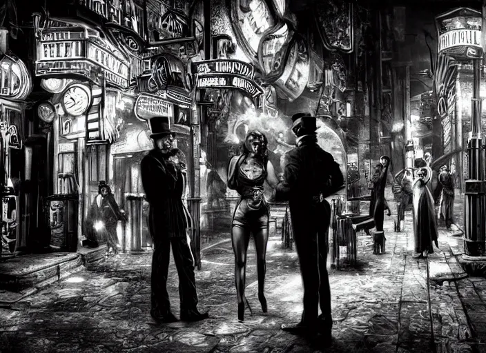Image similar to people arguing in a film noir steampunk alley, psychedelic, fine texture, detailed, dramatic lighting, dark, neon