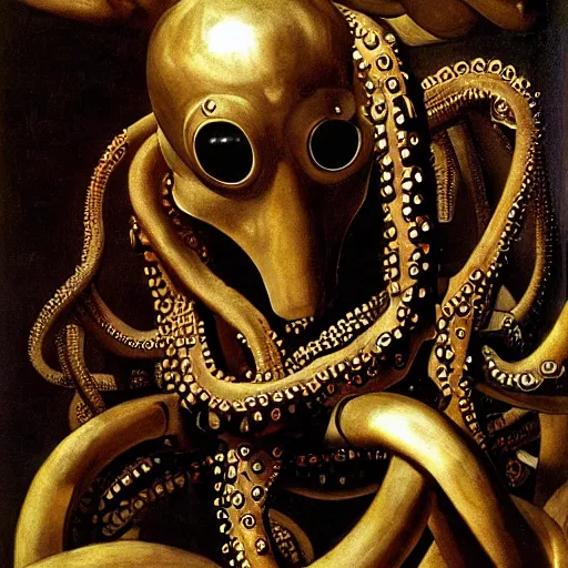 Image similar to cybernetic overlord octopus overseeing human techno slaves, by caravaggio