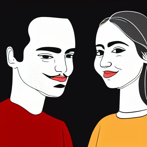 Image similar to perfectly centered symmetrical split male and female portrait of young indian man and woman in love sharing one heart. illustration, highly detailed, simple, no jagged lines, smooth, artstation, artwork by chip zdarsky