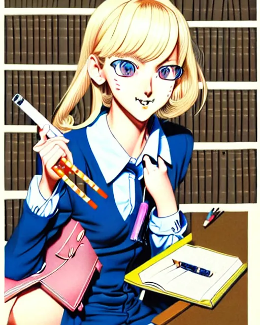 Image similar to illustration depicting a wealthy young mischievous female prep school student with medium length bright blonde hair and pale skin, in an old study room smoking her dad's cigarettes, complex artistic style, color ink pen illustration, subtle detailing, illustrated by Artgerm and Range Murata.