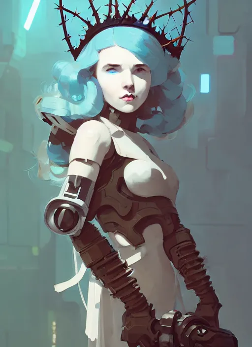 Image similar to portrait of cute maiden girl with crown of thorns in cyber armor, warhammer, cyberpunk, by atey ghailan, by greg rutkowski, by greg tocchini, by james gilleard, by joe fenton, by kaethe butcher, dynamic lighting, gradient light blue, brown, blonde cream and white color in scheme, grunge aesthetic