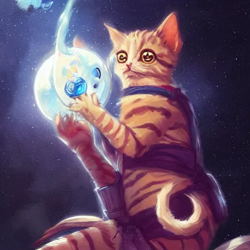 Image similar to cartoonish kitten wearing a wizard cat and a fake beard floating in space, bright stars, anime, a fantasy digital painting by Greg Rutkowski and James Gurney, trending on Artstation, highly detailed