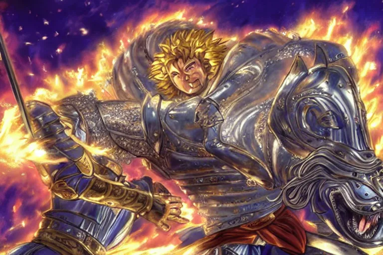 Image similar to an ultra detailed portrait of king richard the lionhearted as a shonen anime protagonist charing into battle wearing bright gold armor and riding a horse bless by god, 8 k, volumetric lighting, art by kentaro miura and akira toriyama