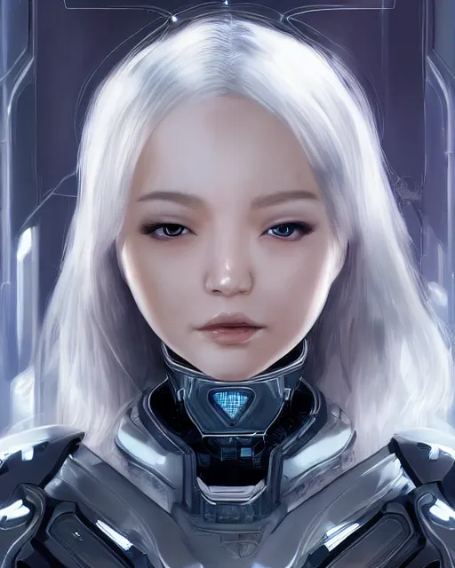 Image similar to detailed portrait of perfect android girl, warframe armor, beautiful face, scifi, futuristic, space station, laboratory, song hye - kyo, dreamy, long white hair, blue cyborg eyes, cinematic lighting, innocent, highly detailed, sharp focus, smooth, artstation, intricate, award winning, pure aura, divine, by akihiko yoshida