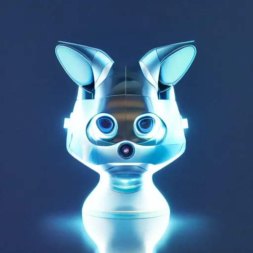 Image similar to product photo of a futuristic stylized pet robot, kitten puppy teddy mix, cute robot face, kindchenschema, large ears, large tail, by artgerm and greg rutkowski and marc newson, alphonse mucha, zaha hadid, side view, volumetric light, detailed, octane render, midsommar - t