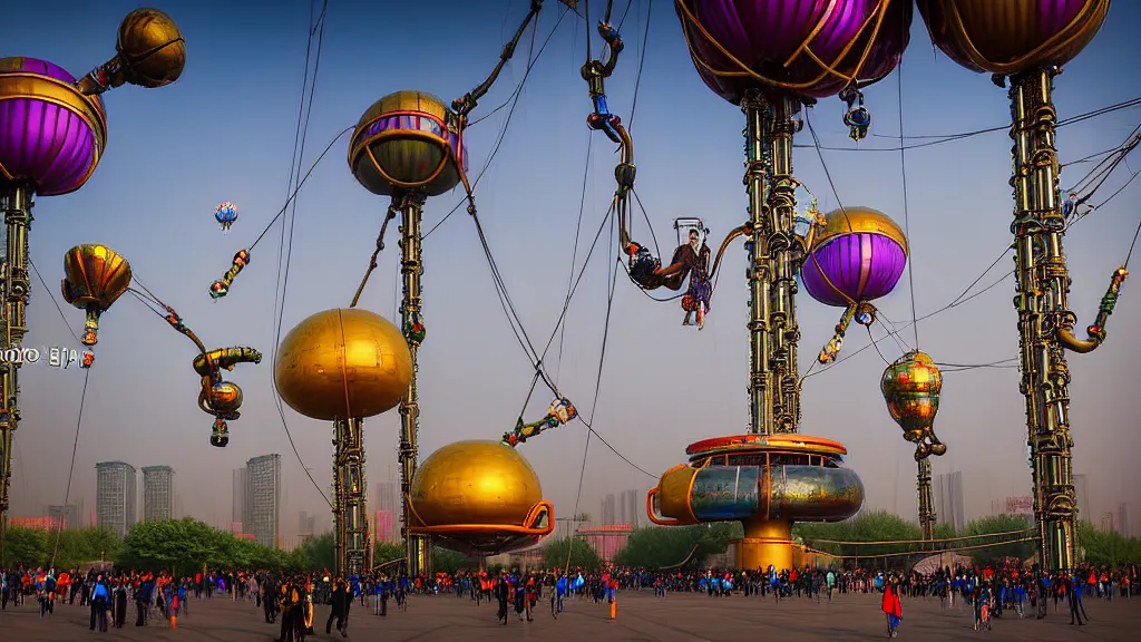 Image similar to large colorful futuristic space age metallic steampunk steam - powered balloons with pipework and electrical wiring around the outside, and people on rope swings underneath, flying high over the beautiful beijing city landscape, professional photography, 8 0 mm telephoto lens, realistic, detailed, photorealistic, photojournalism