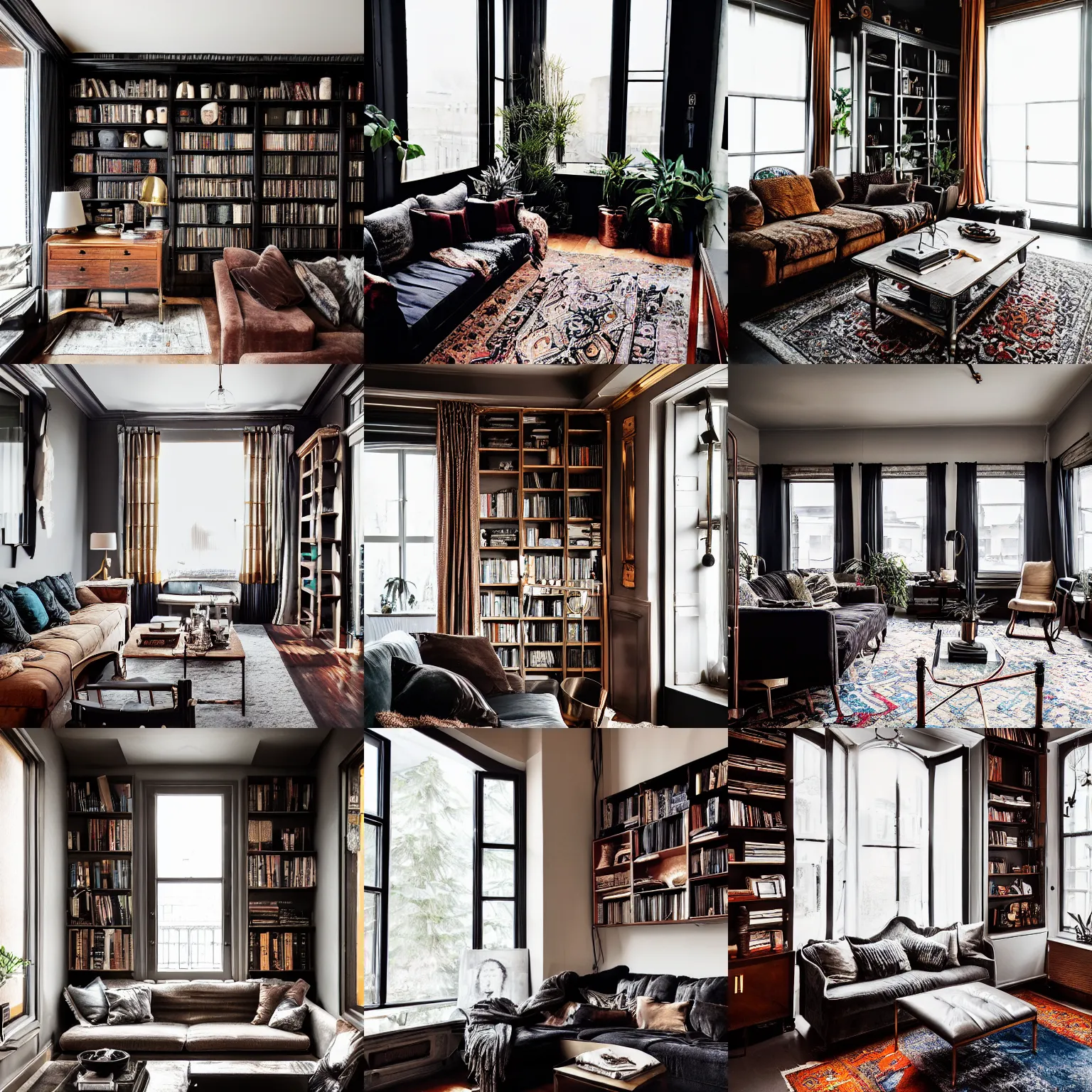 Prompt: insanely detailed wide angle photograph, dark, atmospheric, award winning interior design living room, dusk, cozy and calm, fabrics and textiles, colorful accents, brass, copper, secluded, hardwood floors, book shelf, couch, desk, balcony door, plants