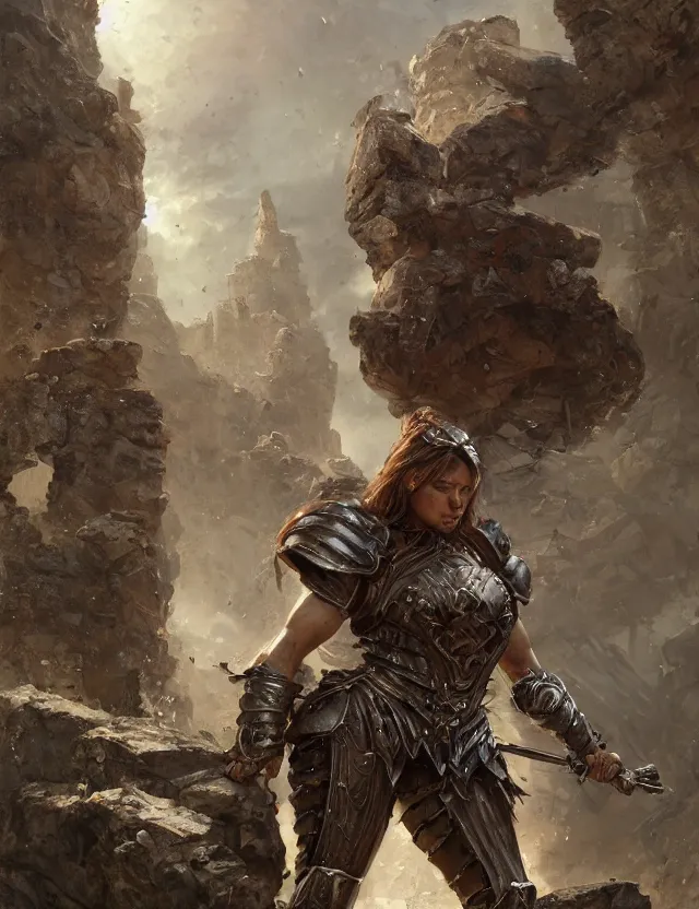 Image similar to muscular female warrior wearing heavy plate armor, robust stocky body, at the stone ruins, rpg artwork, hyperdetailed, hyperrealistic, soft light, imposing presence, pino daeni and dan mumford, artstation, intricate metal, smooth, sharp focus