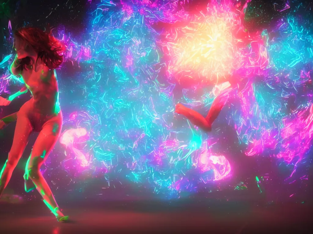 Prompt: a hyperrealistic portrait render of a beautiful woman dancing and squirting fluorescent liquid in the cosmos, unreal engine 8k, by sana takeda