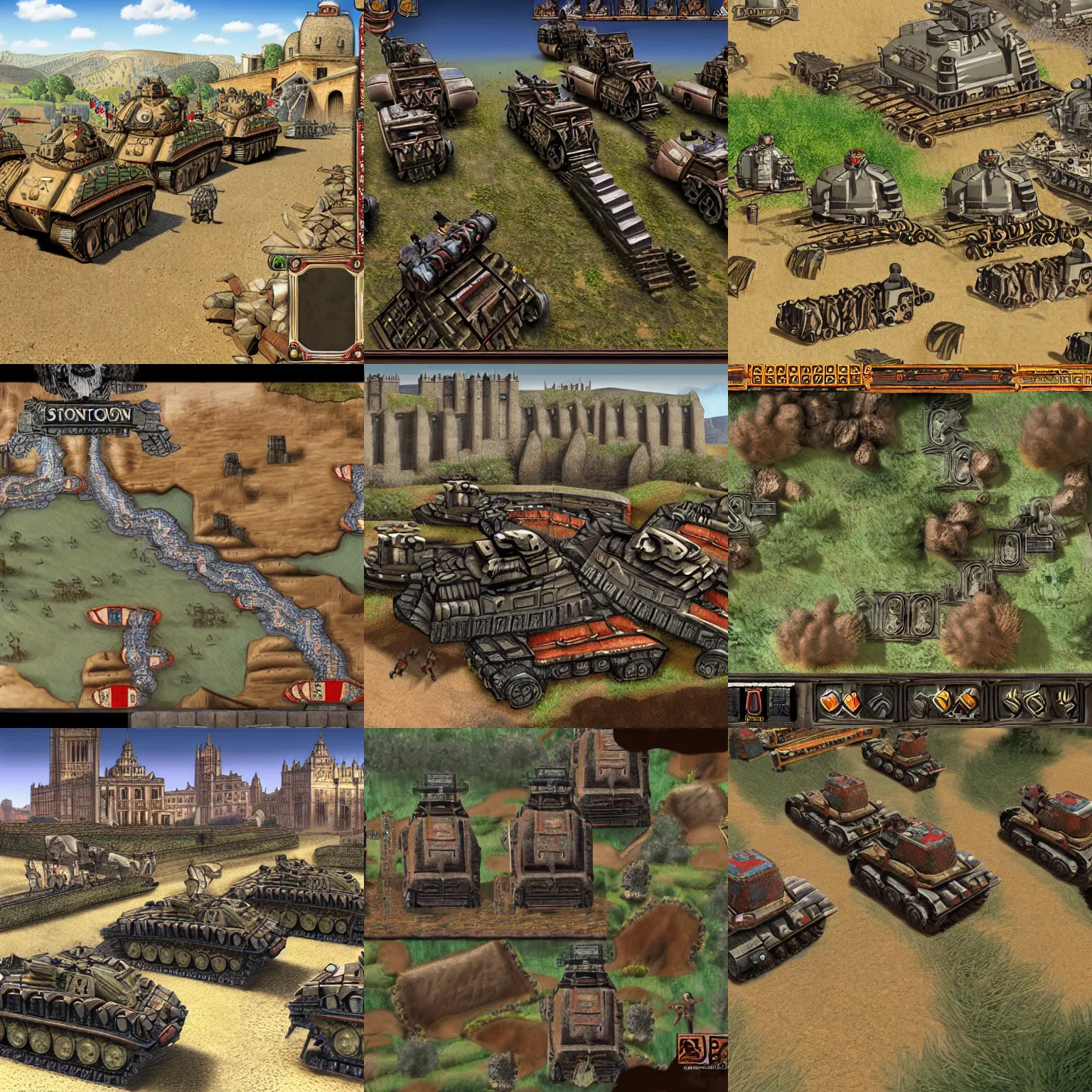 Prompt: Stone Aztec tanks roll into London, alternate history, loading screen art for the game 'Europa Universalis 4'