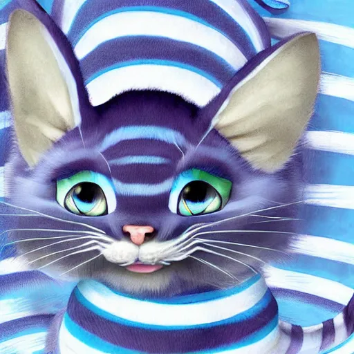 Image similar to cute blue striped cheshire cat. an adorable cat with light blue stripes, blue eyes and a big mischievous smile. stunning digital art by mona sundberg. fluffy, plush - like