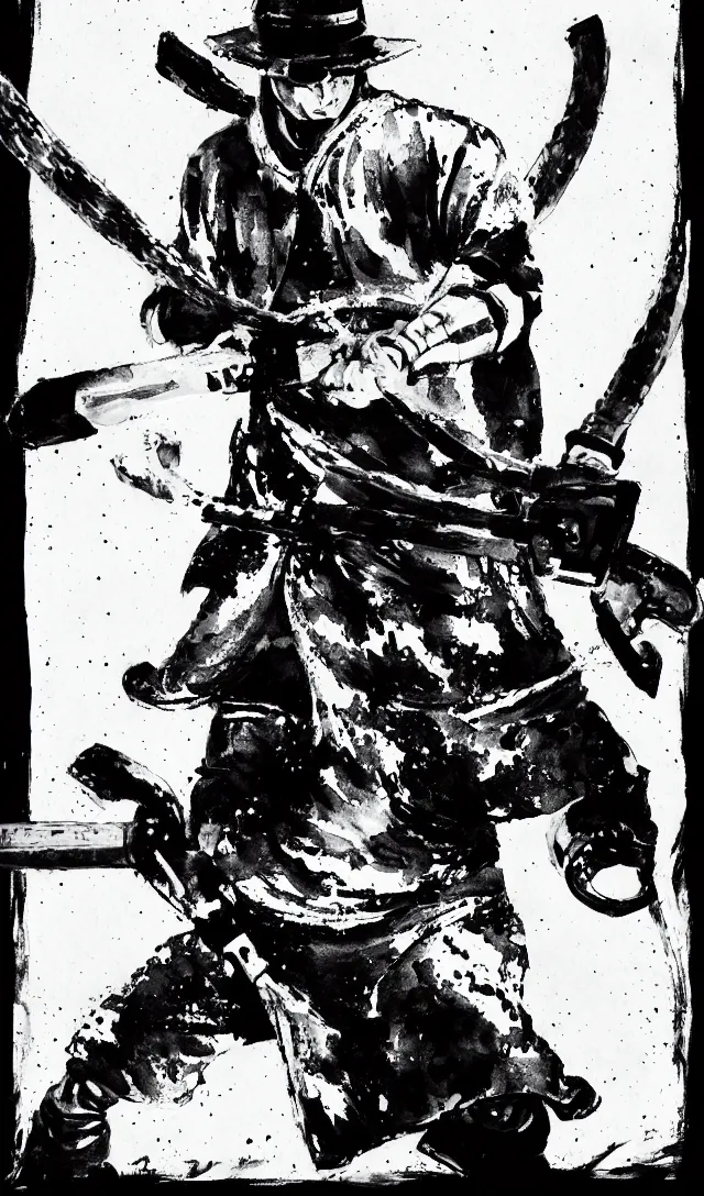 Prompt: sole samurai wielding a chainsaw, black and white watercolor, movie poster