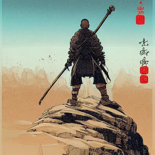 Prompt: portrait of the back of a monk with a mace, standing, Borderlands and by Feng Zhu and Loish and Laurie Greasley, Victo Ngai, Andreas Rocha, John Harris