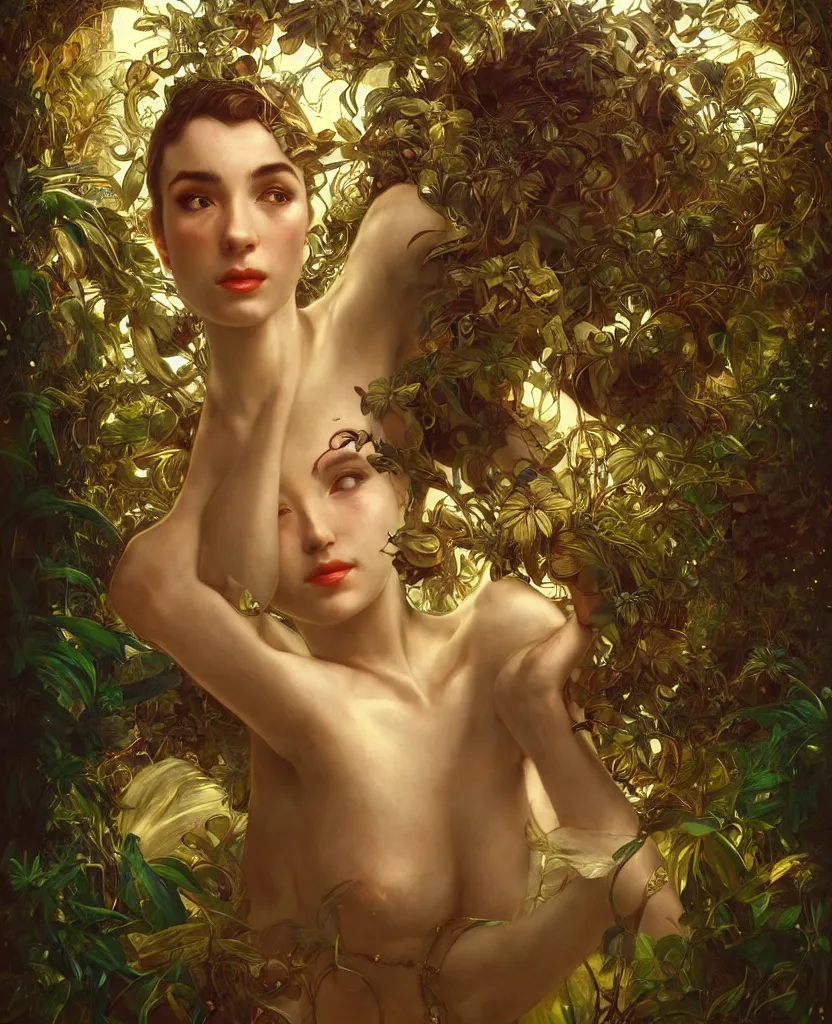 Image similar to hyper realistic photographer looking through a vintage medium format camera, magic pouring from lens, full body pose, design on white background, beautiful details, lush foliage cyberpunk, gold, drawn by john singer sargent, tom bagshaw, norman rockwell, alphonso mucha, lolish, trending on artstation