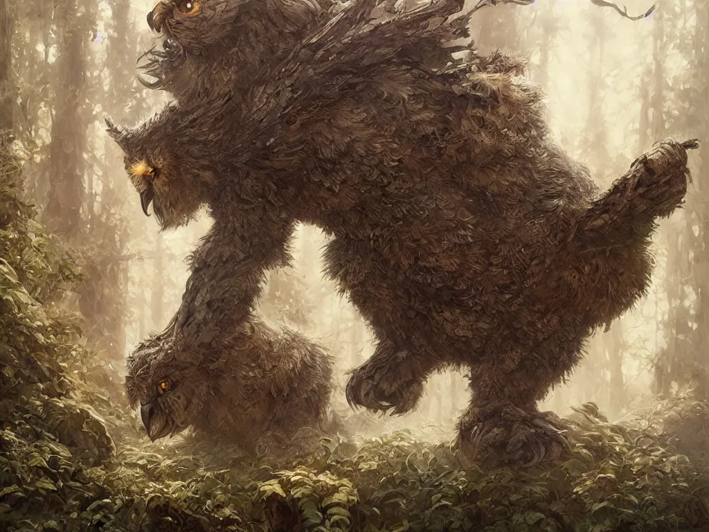 Prompt: owlbear, forest, intricate, beautiful, highly detailed, elegant, artstation, concept art, smooth and sharp focus, rpg artwork, illustration, painting, gaston bussiere, art adams, craig mullins, j. c. leyendecker, rene maritte, tian zi, wlop, alsphonse mucha, artgerm