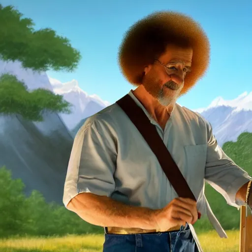 Image similar to a closeup photorealistic photograph of bob ross working on a canvas painting of superman. film still. brightly lit scene. mountains and trees. this 4 k hd image is trending on artstation, featured on behance, well - rendered, extra crisp, features intricate detail, epic composition and the style of unreal engine.