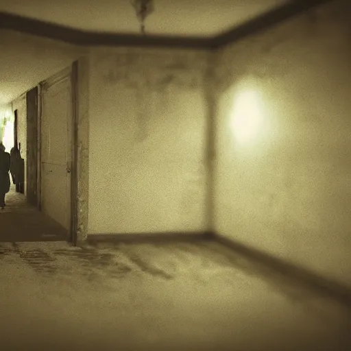 Prompt: creepy Liminal interior of RE7, masked person in corner, in the style of 35mm photography