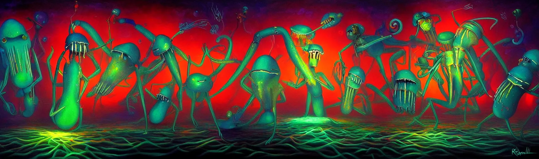 Image similar to strange plankton creatures from the depths of the collective unconscious, dramatic lighting, surreal darkly colorful painting by ronny khalil