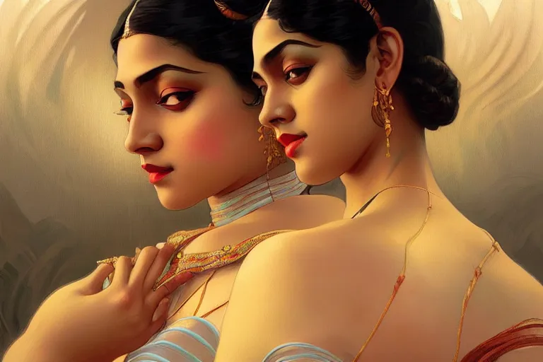 Image similar to sensual bengali girl, art deco portrait, elegant, intricate, digital painting, artstation, concept art, smooth, sharp focus, illustration, art by artgerm and greg rutkowski and alphonse mucha