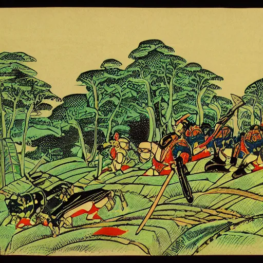 Prompt: colored woodblock print, space marines, lush pastoral woodland scene