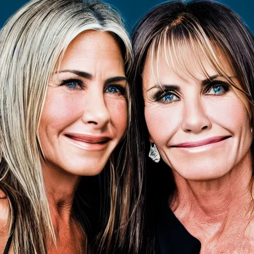 Image similar to old jennifer anniston and courtney cox actress at age 9 0 years old, color ( sony a 7 r iv, symmetric balance, polarizing filter, photolab, lightroom, 4 k, dolby vision, photography award ), vogue, perfect face