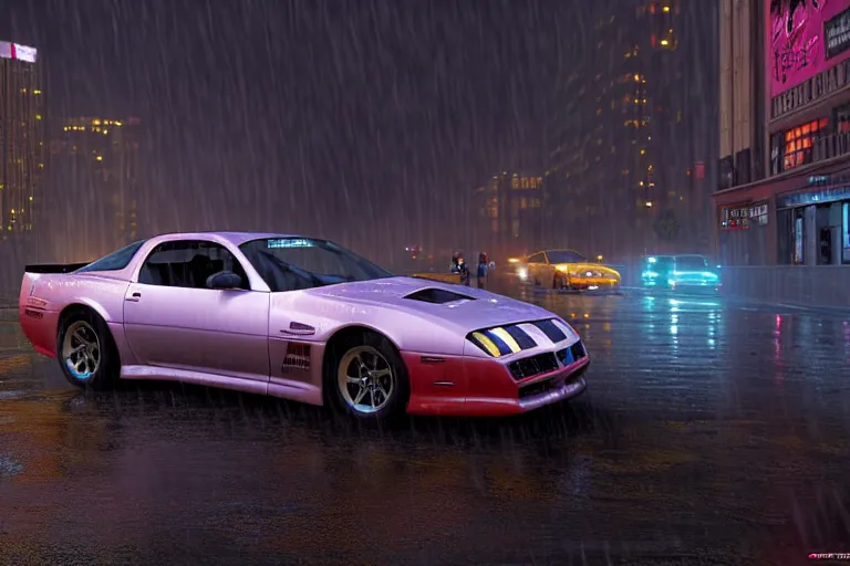 Image similar to hyperdetailed, photorealistic photograph of a 2 0 0 2 pontiac firebird trans - am drifting in the streets, rain, night, dense fog, hd, unreal engine 5 by greg rutowski, by stanley artgerm, by alphonse mucha