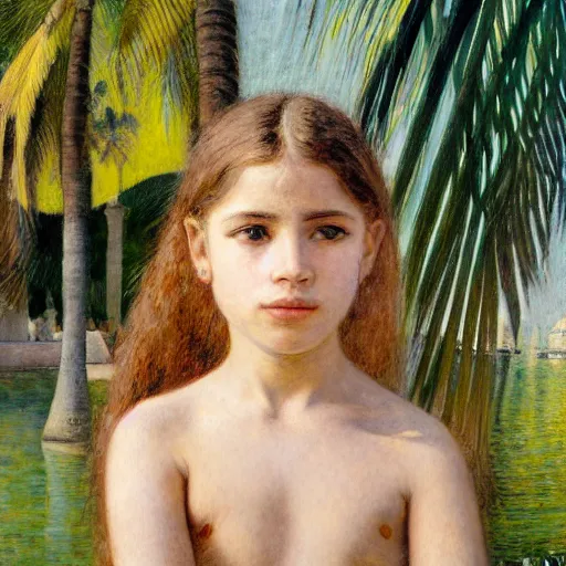 Image similar to a ultradetailed beautiful painting of a girl in the amazonas palace balustrade designed by jules bastien - lepage, tarsila do amaral, frank weston and gustave baumann, beach, trending on artstation, mediterranean, palm trees, hyper detailed face, sharp focus, soft light, 8 k 4 k