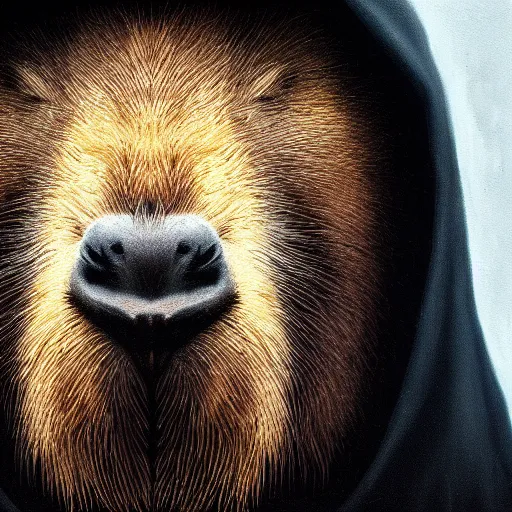 Image similar to a portrait of a capybara wearing a black hood, cloak covering face, anatomically correct, beautiful perfect face, enigmatic, oil painting, matte, black background, volumetric dynamic lighting, highly detailed, cinematic lighting, unreal engine, 8 k, hd, by beksinski