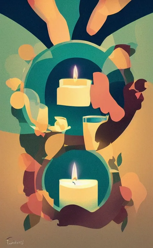 Image similar to illustration with a set of beautiful scented candles, close - up photo in cozy interior, candle lighting, shadow play, light refraction, mirror, glowing, pinterest, an art deco painting by tom whalen, trending on behance, art deco, digital illustration, storybook illustration, grainy texture, flat shading, vector art, airbrush, pastel, watercolor, poster