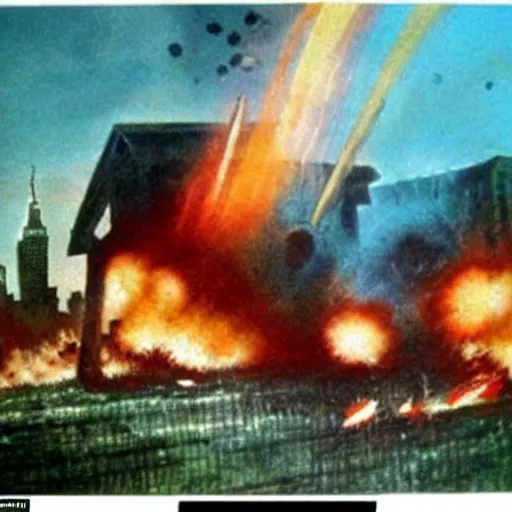 Image similar to color photo from the 80s, the shelling of a house in New York by Soviet soldiers, epic style, a bunch of explosions, realistic style