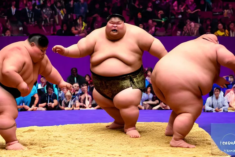 Prompt: thanos as a fat sumo wrestler in a tournament, professional photography, 4 k photo, award winning photograph, sumo tournament, sumo wrestling
