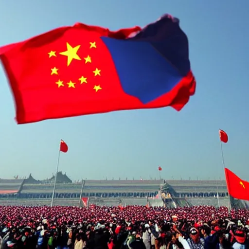 Prompt: Donald Trump waving a china flag at Tianenmen Square, instagram photo