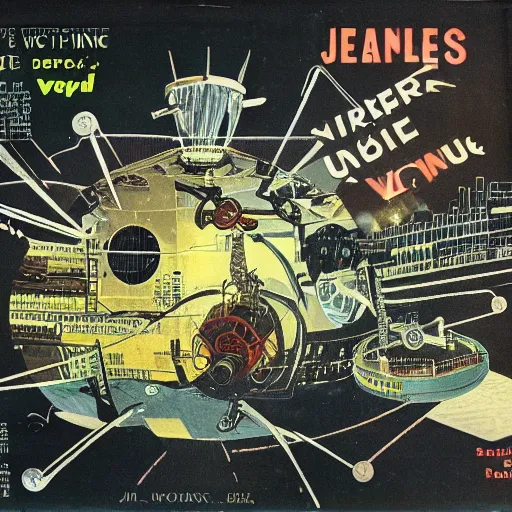 Image similar to 1950 magazine cut out collage of cyber punk machinery failing at terraforming Venus, Jules Verne