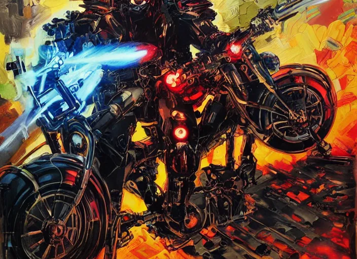 Prompt: marvel ghost rider, wearing futuristic cybernetic battle armor, riding a cyberpunk styled akira motorcycle, by ashley wood, yoji shinkawa, jamie hewlett, 6 0's french movie poster, french impressionism, vivid colors, palette knife and brush strokes