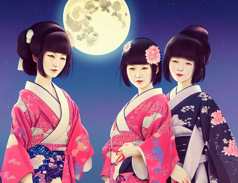 Image similar to two beautiful charming japan girls wear arty kimono in festival | | sunny night, full moon, dreamlike art, realistic shaded, smile, good looking, hyper details, 4 k realistic, cryengine, realistic shaded lighting poster by ilya kuvshinov, fuji choko, ross tran, 8 k resolution, trending on artstation, luxury