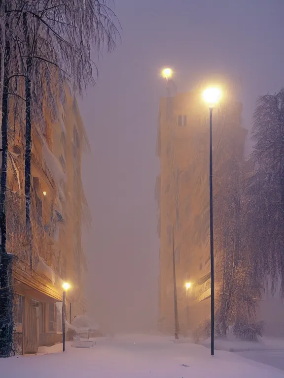 Image similar to award - winning photo of low soviet residential building in russian suburbs, lights are on in the windows, deep night, post - soviet courtyard, cozy atmosphere, winter, heavy snow, light fog, streetlamps with orange light, volumetric light, several birches nearby, elderly people stand at the entrance to the building