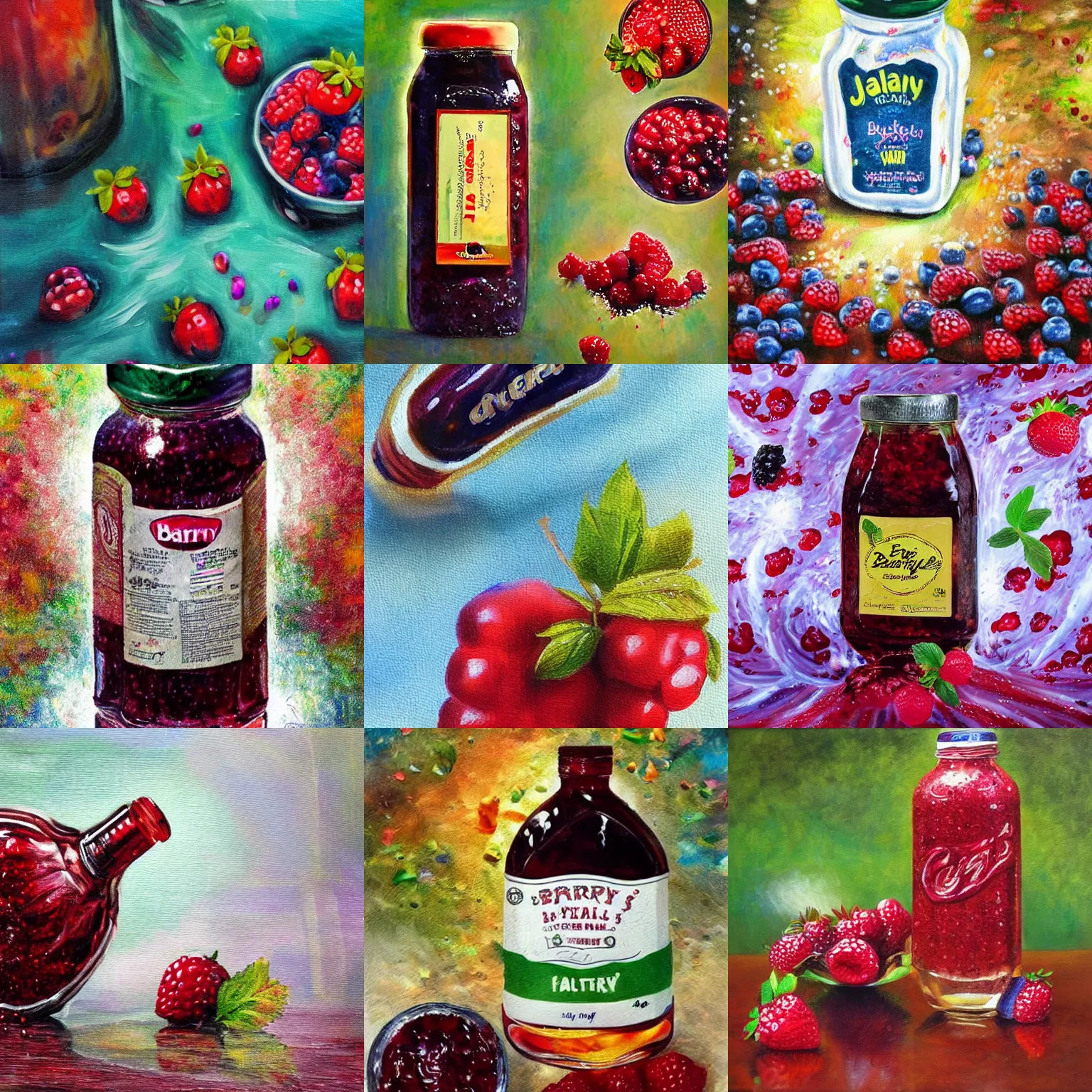 Prompt: berry falls in to huge bottle of jam, drops around, particles, oil painting, colorfull, realistic, art