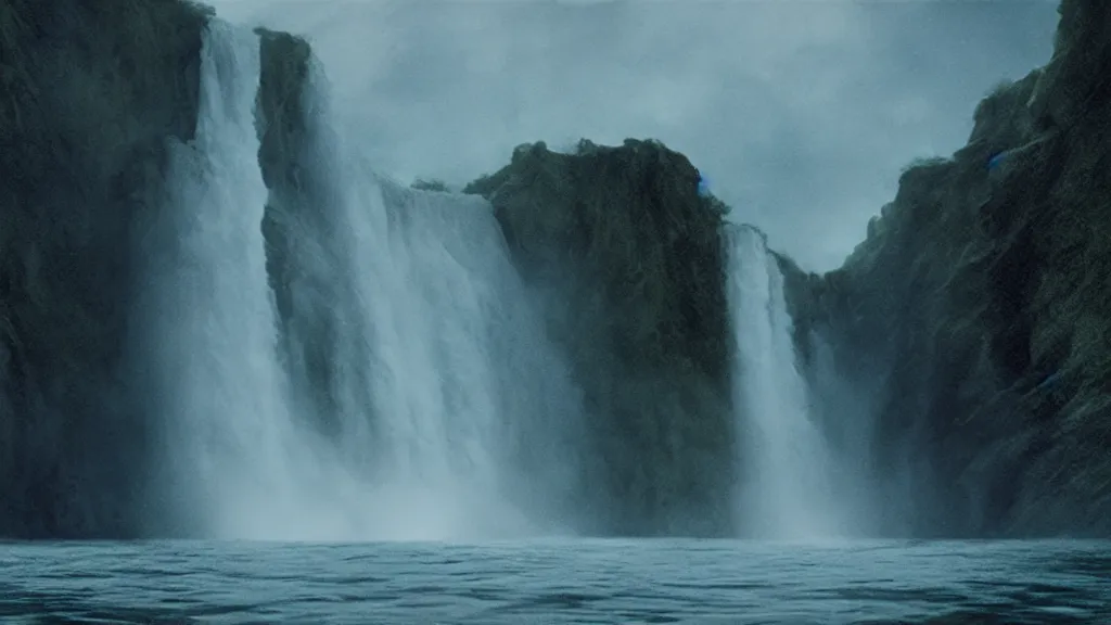 Image similar to ghosts in a waterfall, film still from the movie directed by Denis Villeneuve with art direction by Zdzisław Beksiński, wide lens