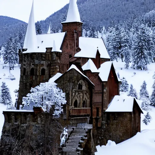 Prompt: vampire's castle in the mountains, snowy