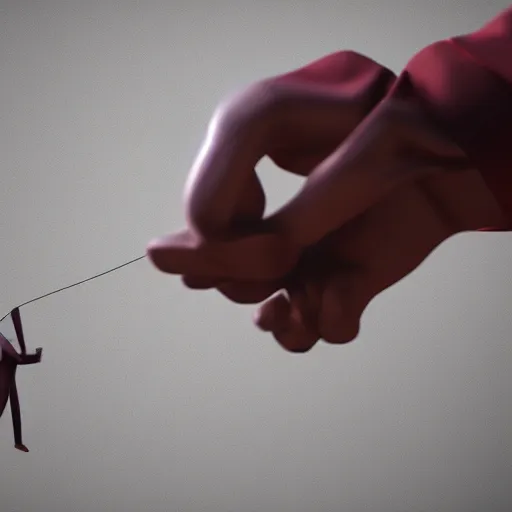 Prompt: shadow of a puppet being held up with strings and the puppeteers hand, depth field, unreal engine, 4k concept art and hyper realism