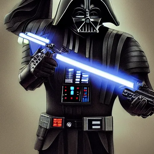 Prompt: hyperrealistic portrait of gothic cyberpunk darth vader holding a machine gun, 4 k, highly detailed, beautifully rendered