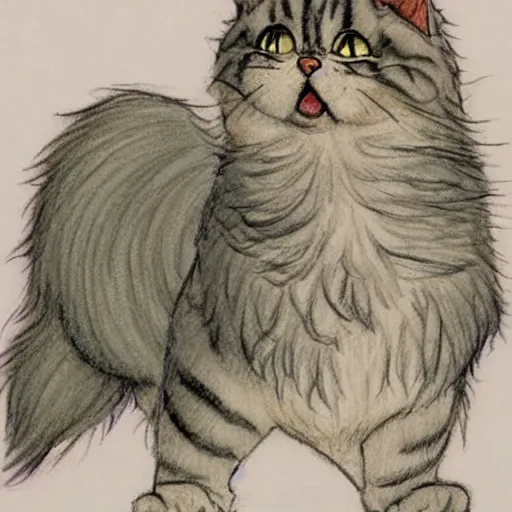 Prompt: extra fluffy humanoid Persian tabby cat standing on two feet, drawing by Don Bluth, colored pencil sketch with feathery lines, drawing by Yoshitaka Amano