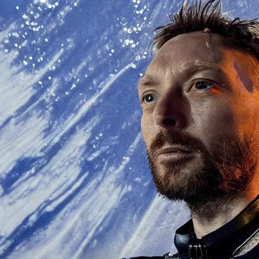 Prompt: giant thom yorke singer songwriter in a water filled spacesuit visor, filled with water, space station light reflections, ultrafine detail, hyper realistic face, beautiful eyes, chiaroscuro, associated press photo, eyes reflecting into eyes reflecting into infinity