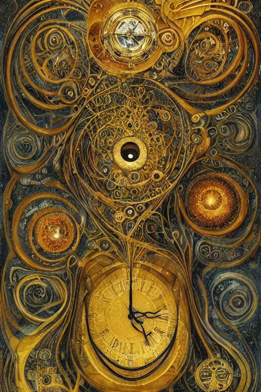 Image similar to The Helliquary by Karol Bak, Jean Deville, Gustav Klimt, and Vincent Van Gogh, otherworldly, fractal structures, arcane, clockface, spiral clock, inferno, inscribed runes, reliquary, infernal relics, ornate gilded medieval icon, third eye, spirals