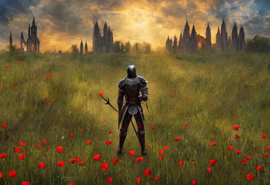 Image similar to a knight in battle worn armor seen from behind, in a field of poppies, in front of ruins of a gothic church, a dense forest surrounding the field, sunset, spread out clouds, highly detailed, digital art