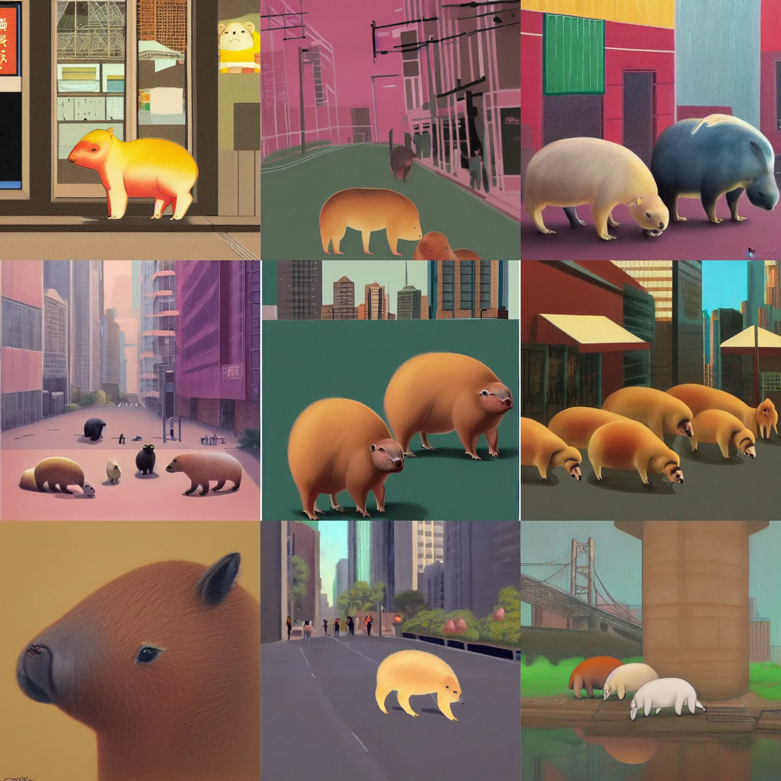 Prompt: capybaras in the city, art style by denise rashidi trending on artstation, trending on behance, japanese pastel art