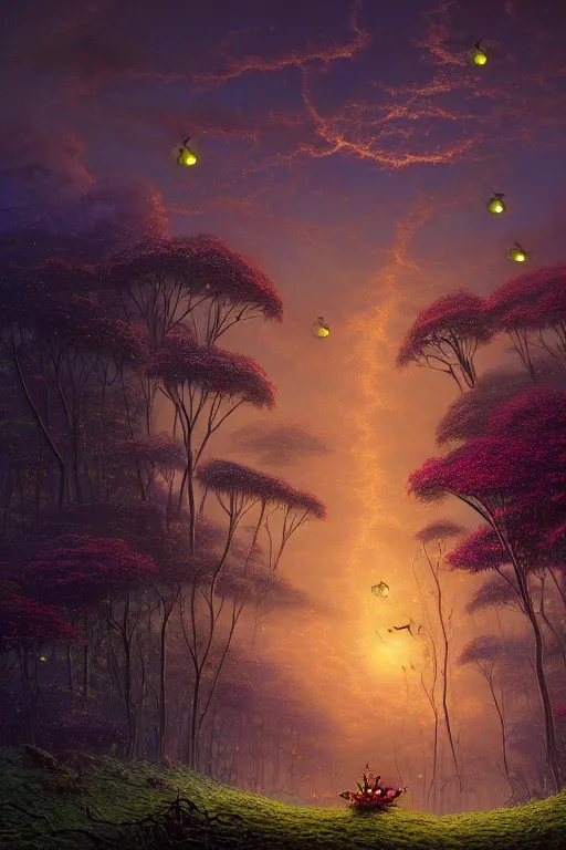 Prompt: a beautiful digital illustration painting of a detailed foreboding skies fantasy fireflies and roots, dark mushroom, flowers by benoit b. mandelbrot, steven belledin, martin johnson heade, lee madgwick, caspar david friedrich, and david rios ferreira, thomas kinkade. 8 k resolution trending on artstation concept art digital illustration