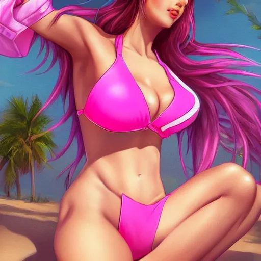 Prompt: beautiful pink gamer girl in a bikini on the beach drawn by artgerm