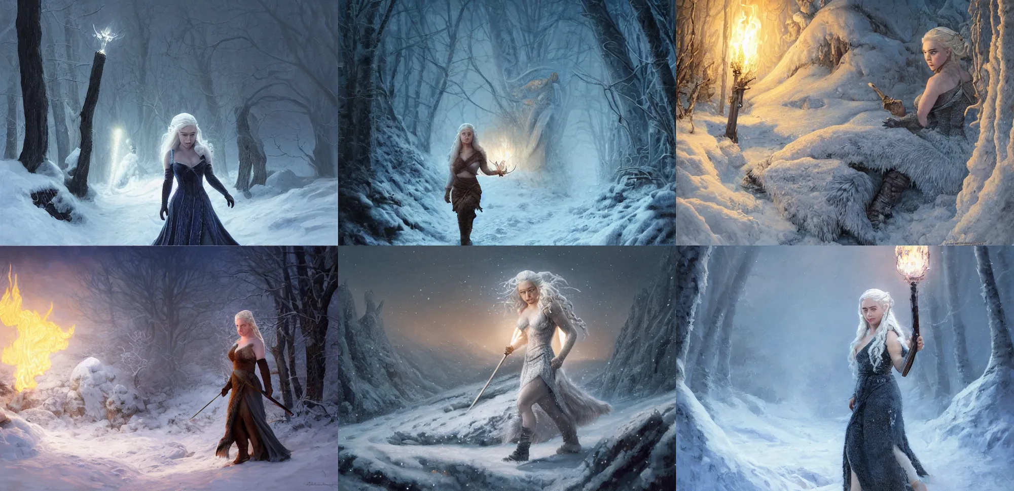 Prompt: winter scene, portrait of muscled Emilia Clarke as Daenerys Targaryen walking through deep snow wearing warm wooly clothing, fantasy, fireflies, torch light, dragons in background, intricate, elegant, highly detailed, centered, smooth, sharp focus, Donato Giancola, Joseph Christian Leyendecker, WLOP, Boris Vallejo, Artgerm